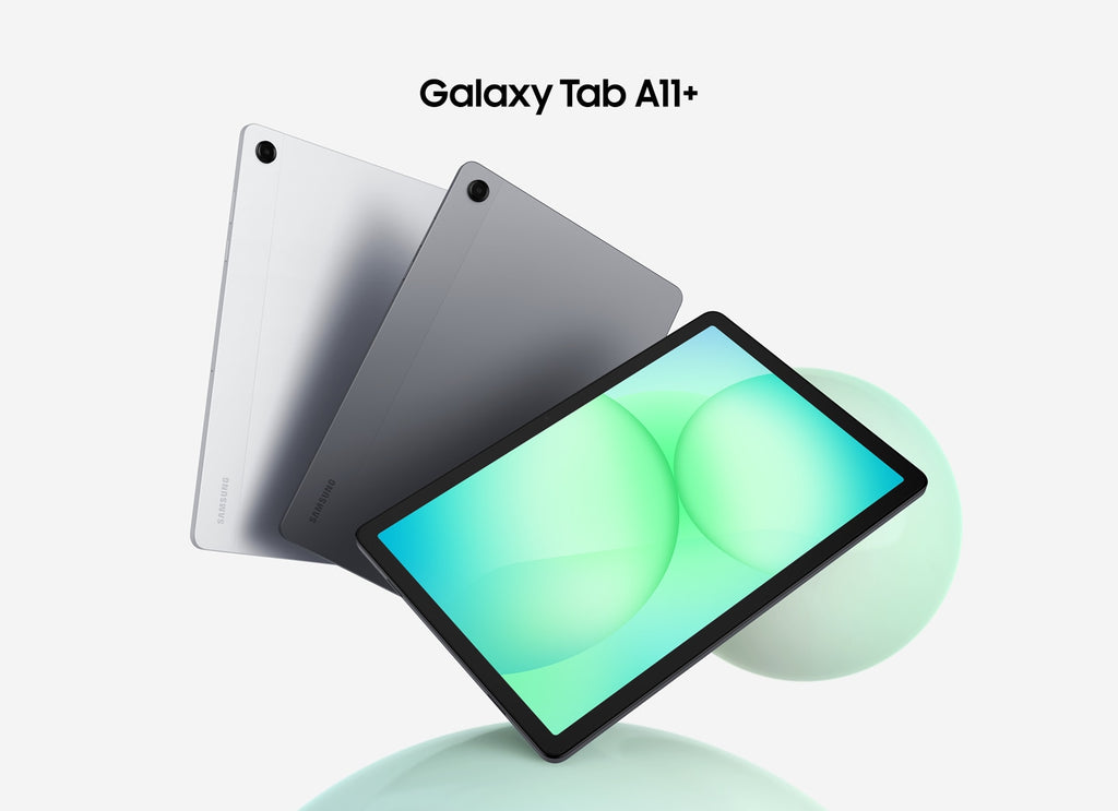Samsung Galaxy Tab A11+ en plata y gris, vistas frontal y trasera